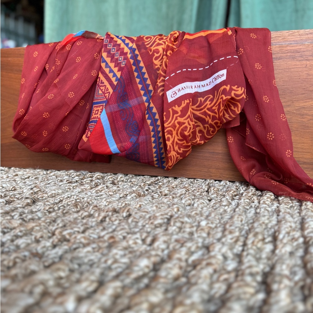 Rashid Ahmad Chiffon Red Patterned Scarf